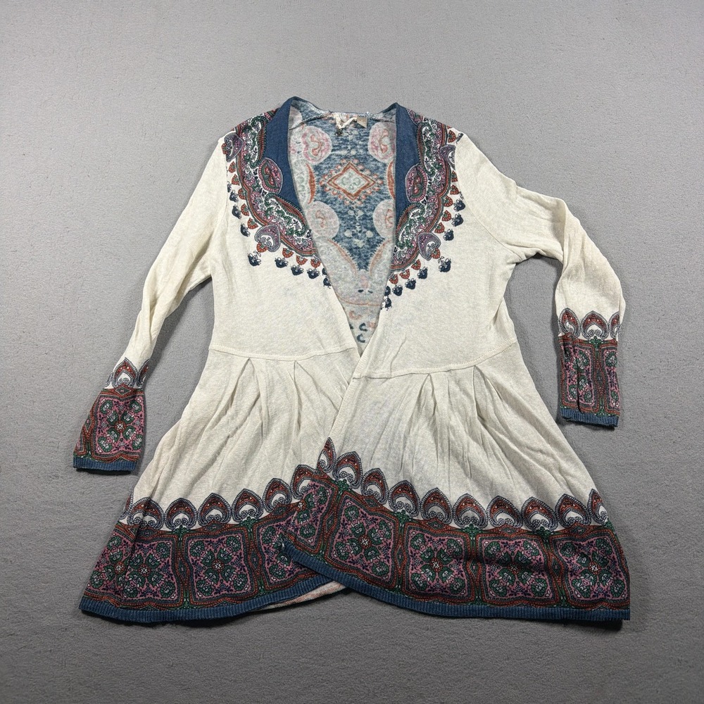 Knitted & Knotted Cardigan Sweater Womens Small White Paisley Linen Cotton Boho